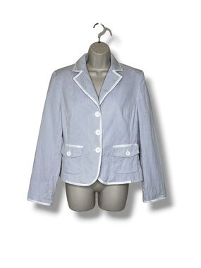 Vintage Ann Taylor Loft Blazer Jacket Blue White Gray Stripe Piping Trim Women 8
